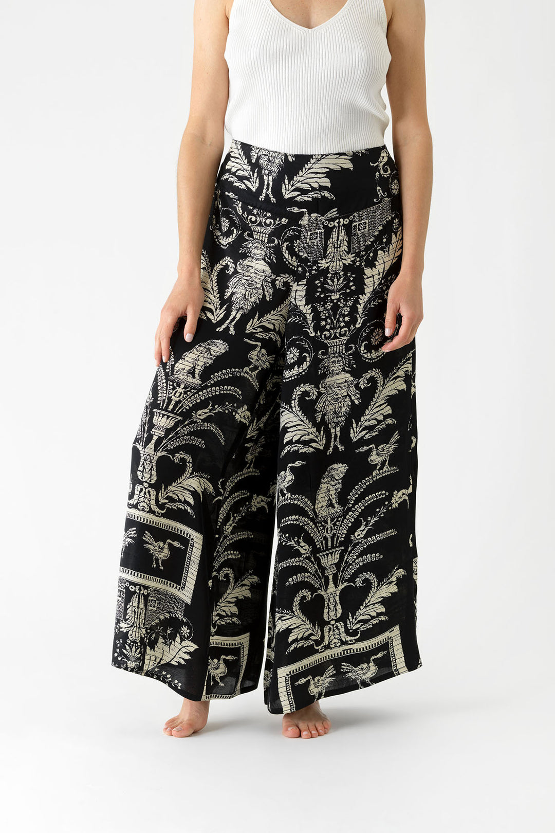 ladies palazzo pant in satin in black and white vintage damask print by One Hundred Stars