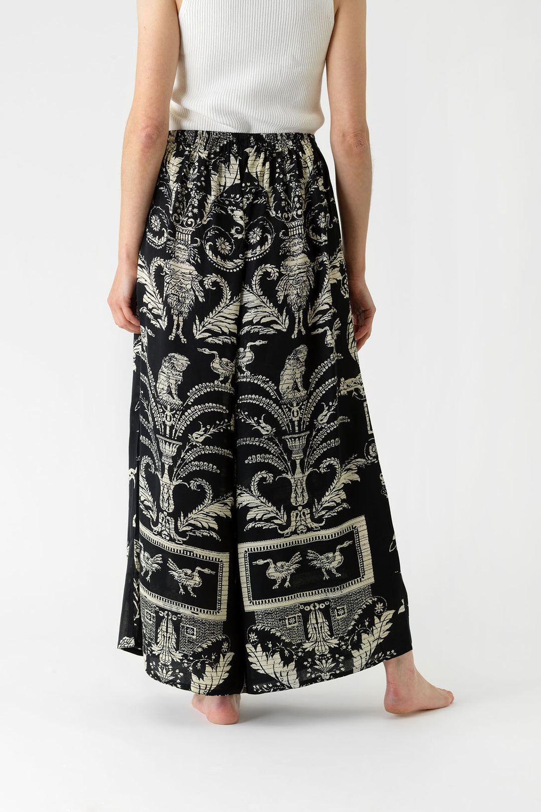 Black and White Damask Print Palazzo Pants with Fold-Over Waist, Small