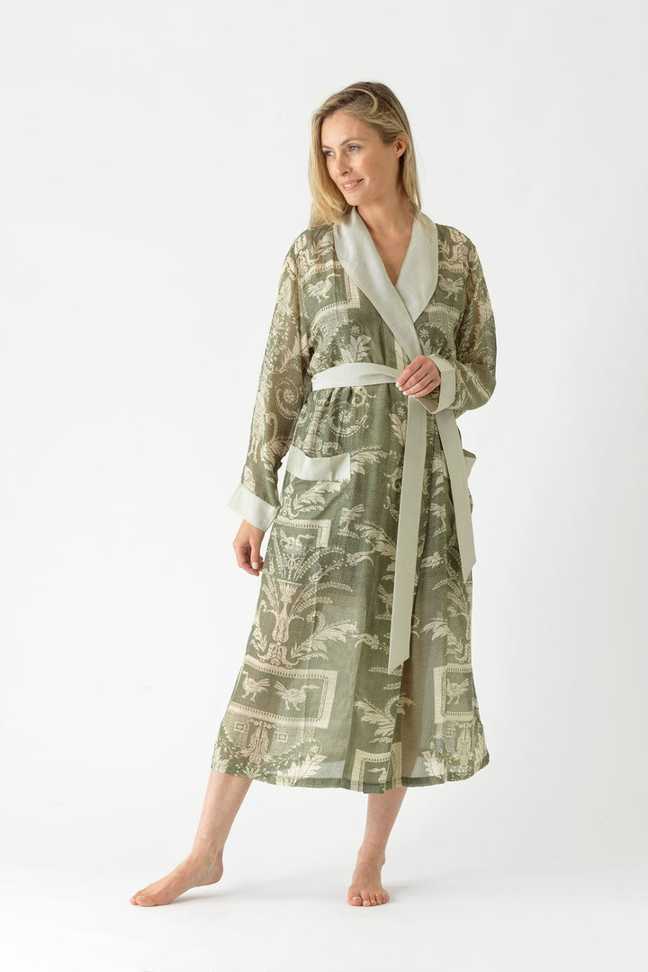 ladies long length belted dressing gown in sage green vintage damask print by One Hundred Stars