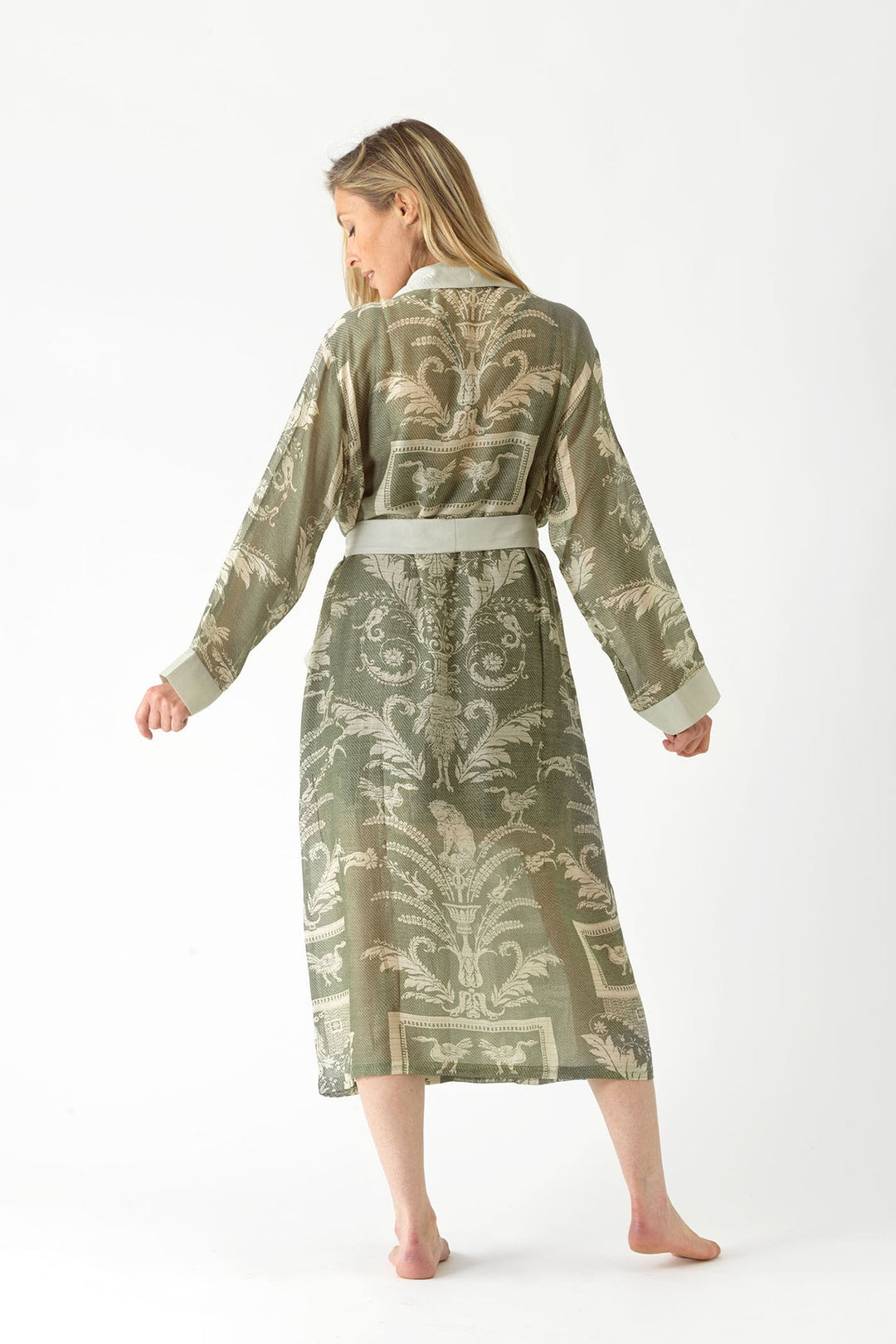ladies belted dressing gown in sage green vintage damask print by One Hundred Stars