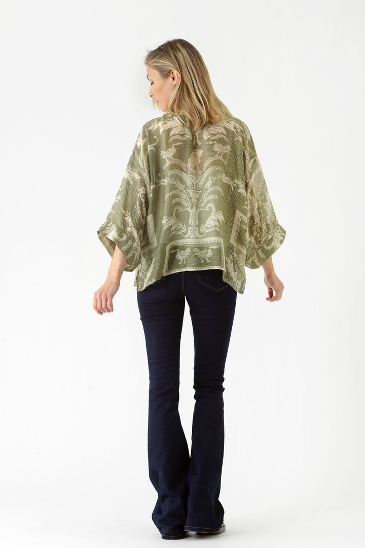 ladies open front kimono jacket in sage green vintage damask print by One Hundred Stars