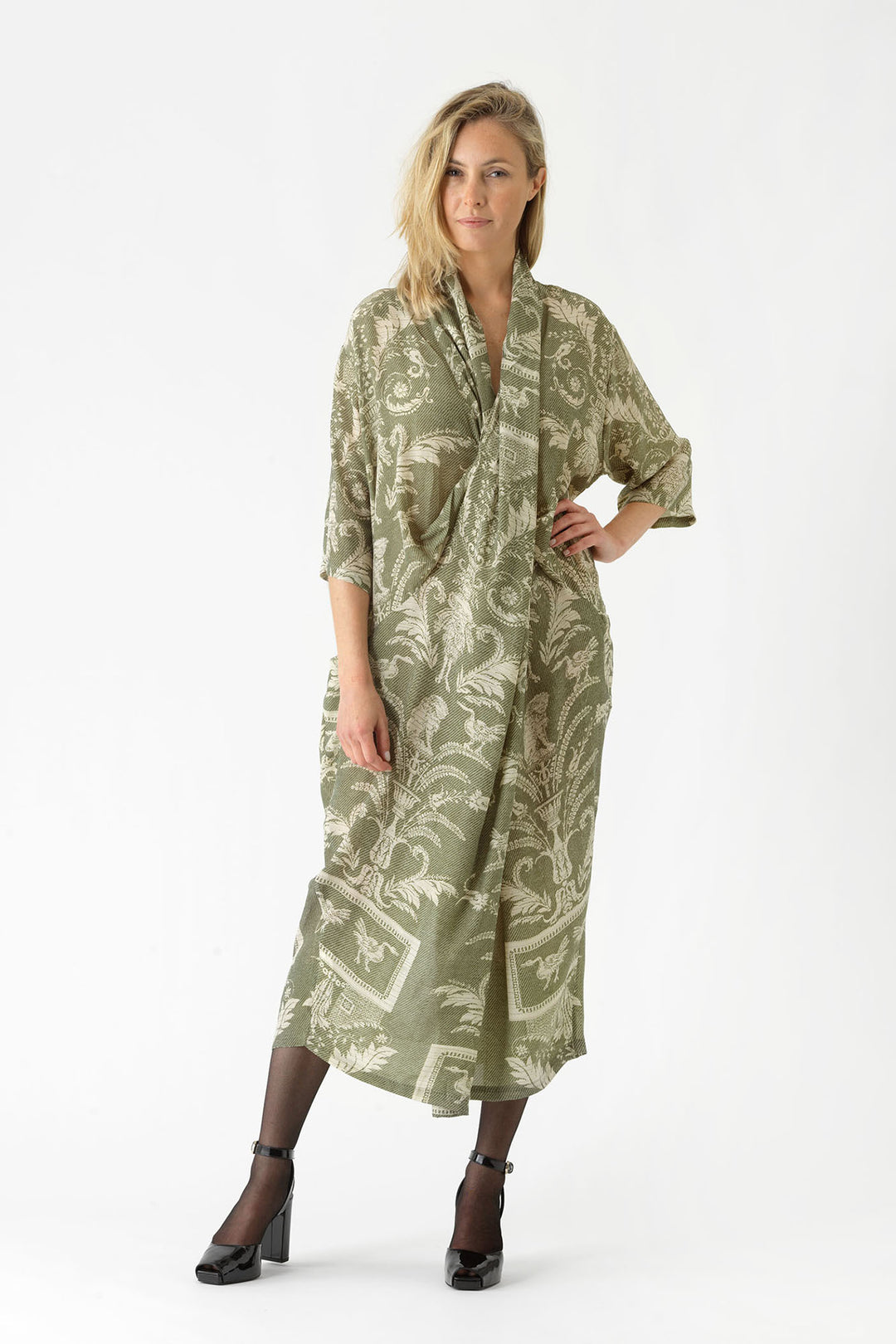 ladies cowl neck Party Pockets rachel dress in sage green vintage damask print by One Hundred Stars