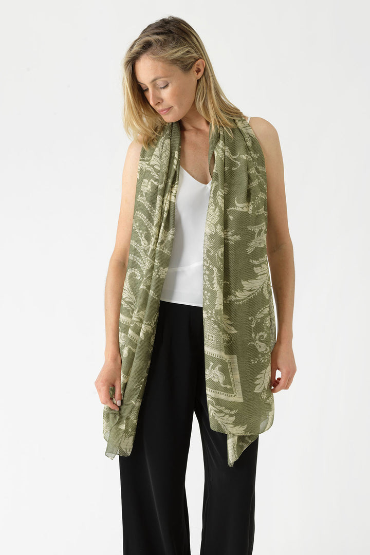 ladies large sized scarf in sage green vintage damask print by One Hundred Stars