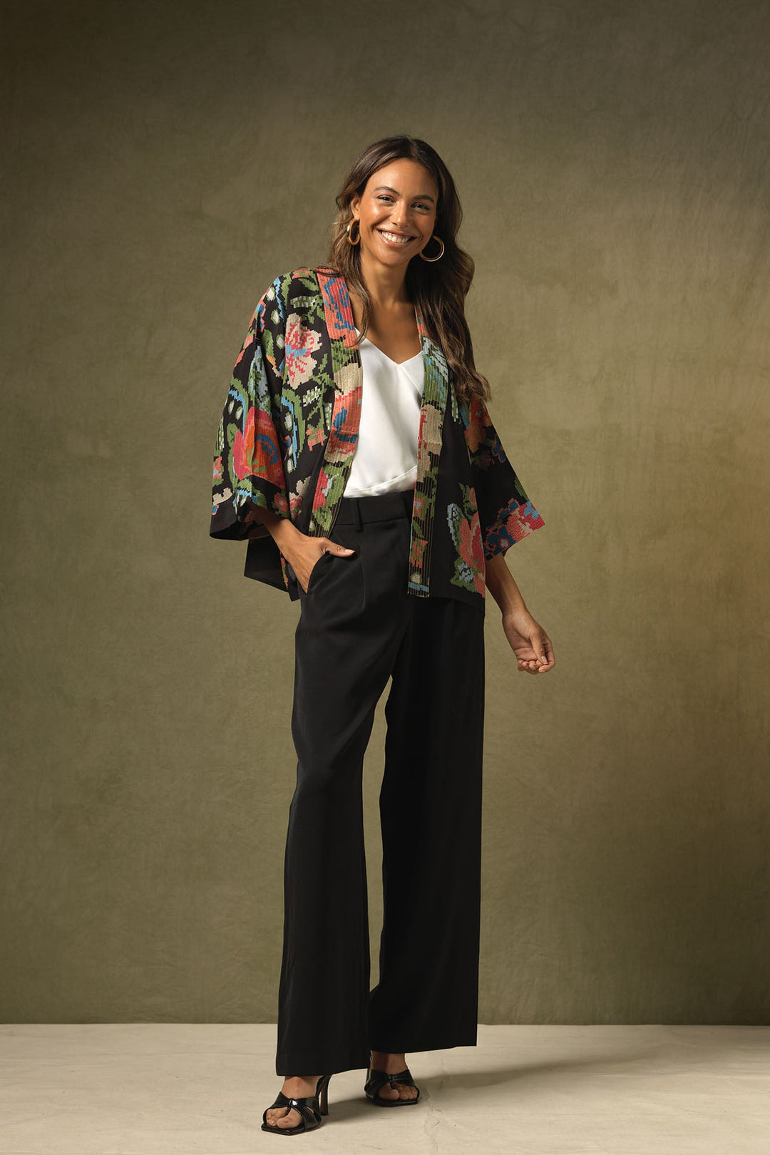 Woven Flower Black Crepe Kimono - One Hundred Stars