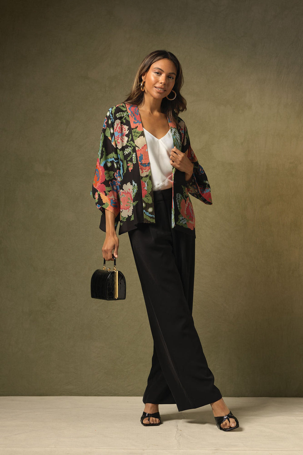 Woven Flower Black Crepe Kimono - One Hundred Stars