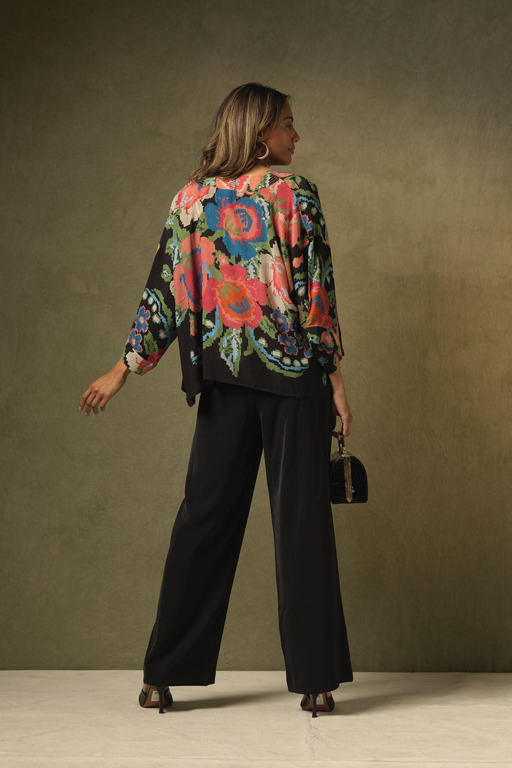 Woven Flower Black Crepe Kimono - One Hundred Stars