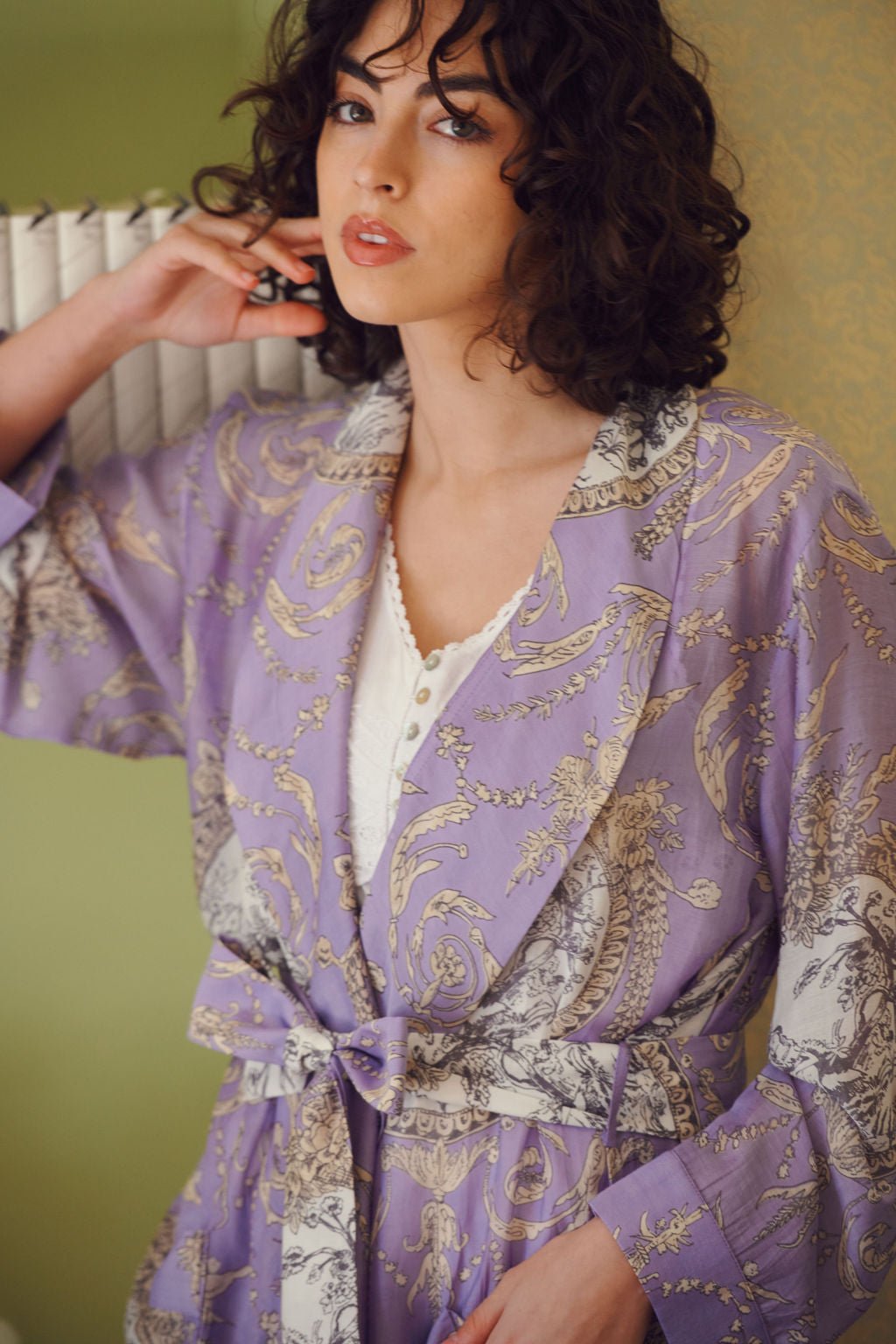ladies dressing gown in Valentine Lilac print by one hundred stars