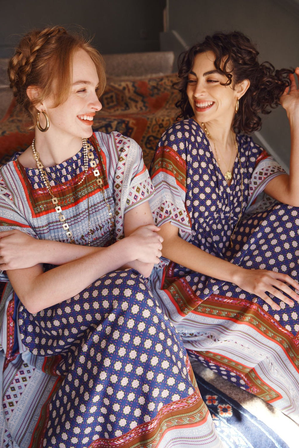 ladies midi dress with pleated detail in moorish indigo print by one hundred stars