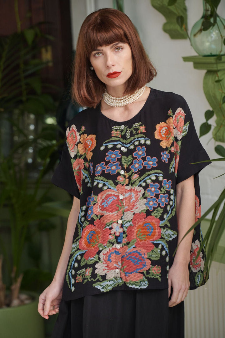 Women's short sleeve button up blouse in black with woven flower print by One Hundred Stars