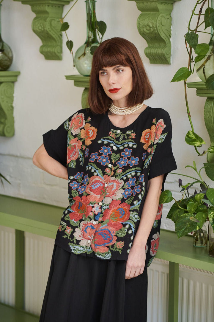 Women's short sleeve button up blouse in black with woven flower print by One Hundred Stars