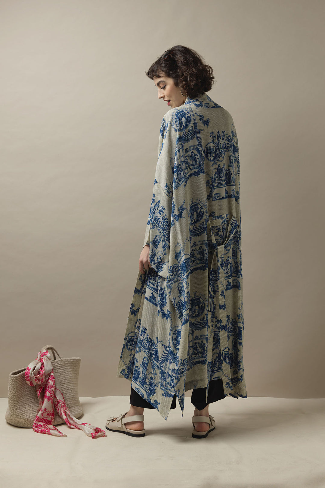 Ancient Columns Blue Crepe Long Kimono - One Hundred Stars