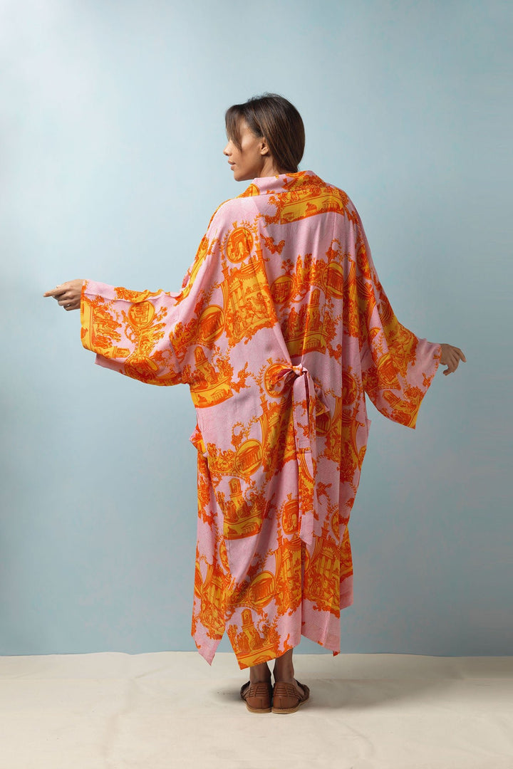 Ancient Columns Orange Crepe Long Kimono - One Hundred Stars