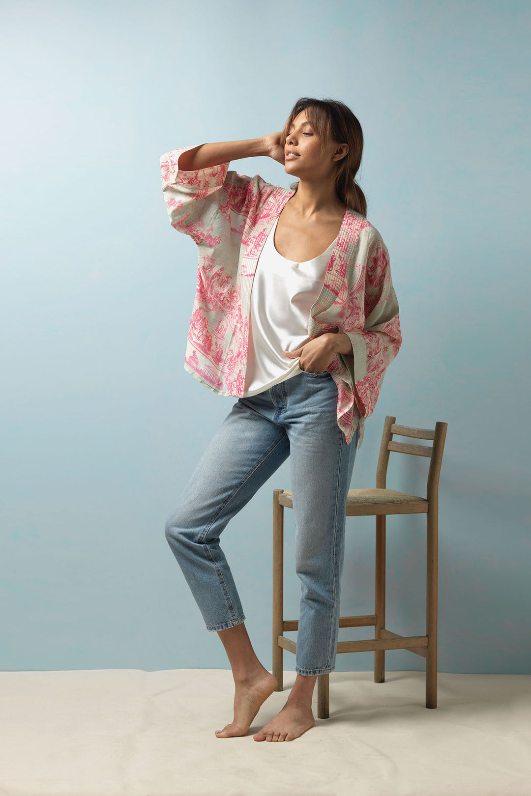 Pink print kimono inspired by classic French Toile De Jouy fabrics