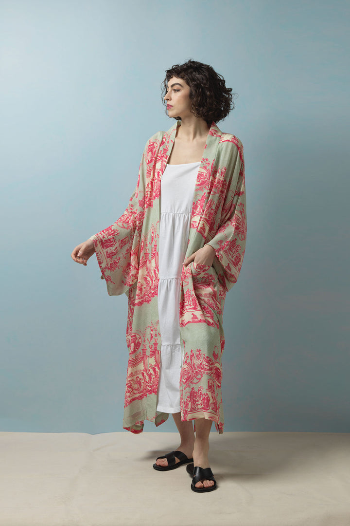 Ancient Columns Pink Crepe Long Kimono - One Hundred Stars