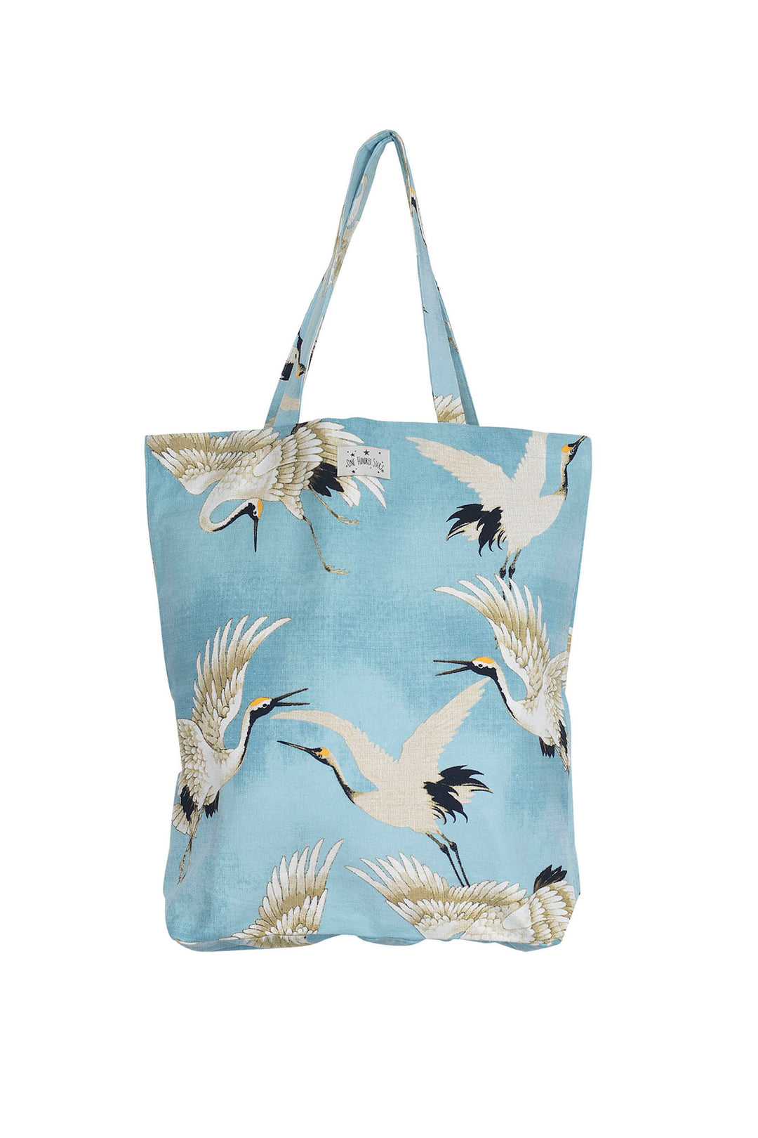 One Hundred Stars Stork Crane Sky Blue Bag - This 100% sustainable cotton bag, is just as versatile as it is beautiful. Whether it becomes your go to reusable shopping bag, a classic tote for keeping your books in or a chic beach bag, this classic blue and white print is sure to turn heads!