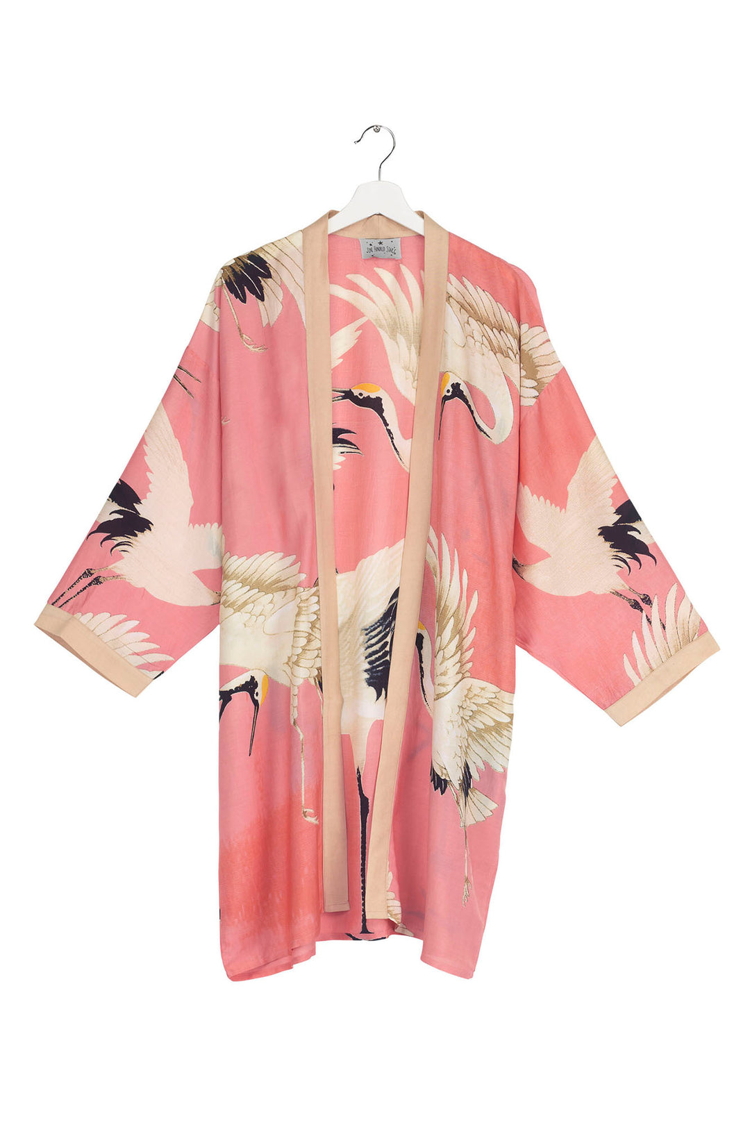One Hundred Stars Stork Crane Lipstick Pink Collar Kimono - Our mid-length collar kimonos are perfect for adding that stylish edge to your summer wardrobe. This mid length kimono is made from our heavier grade fabric for excellent depth of colour and a more luxurious feel.