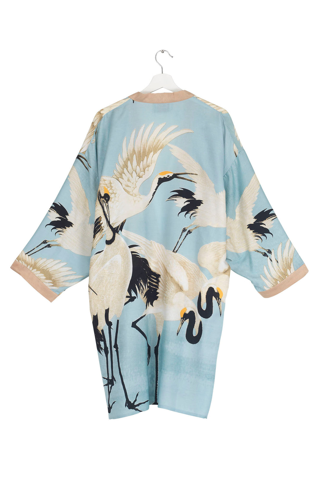 One Hundred Stars Stork Crane Sky Blue Collar Kimono - This mid length kimono is made from our heavier grade fabric for excellent depth of colour and a more luxurious feel.