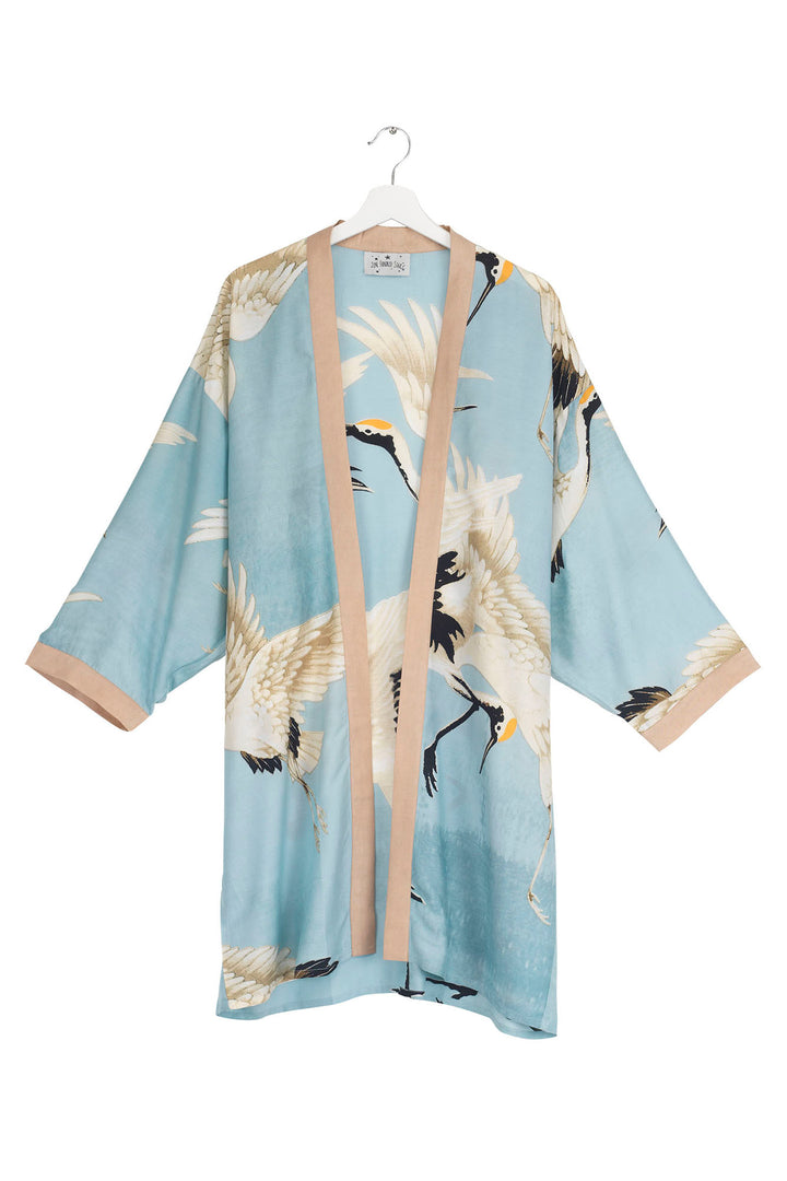 One Hundred Stars Stork Crane Sky Blue Collar Kimono - Storks and cranes have been a major art deco trend in both fashion and interiors and this Stork Sky Collar Kimono is perfect for anyone looking for something chic, stylish and in vogue!