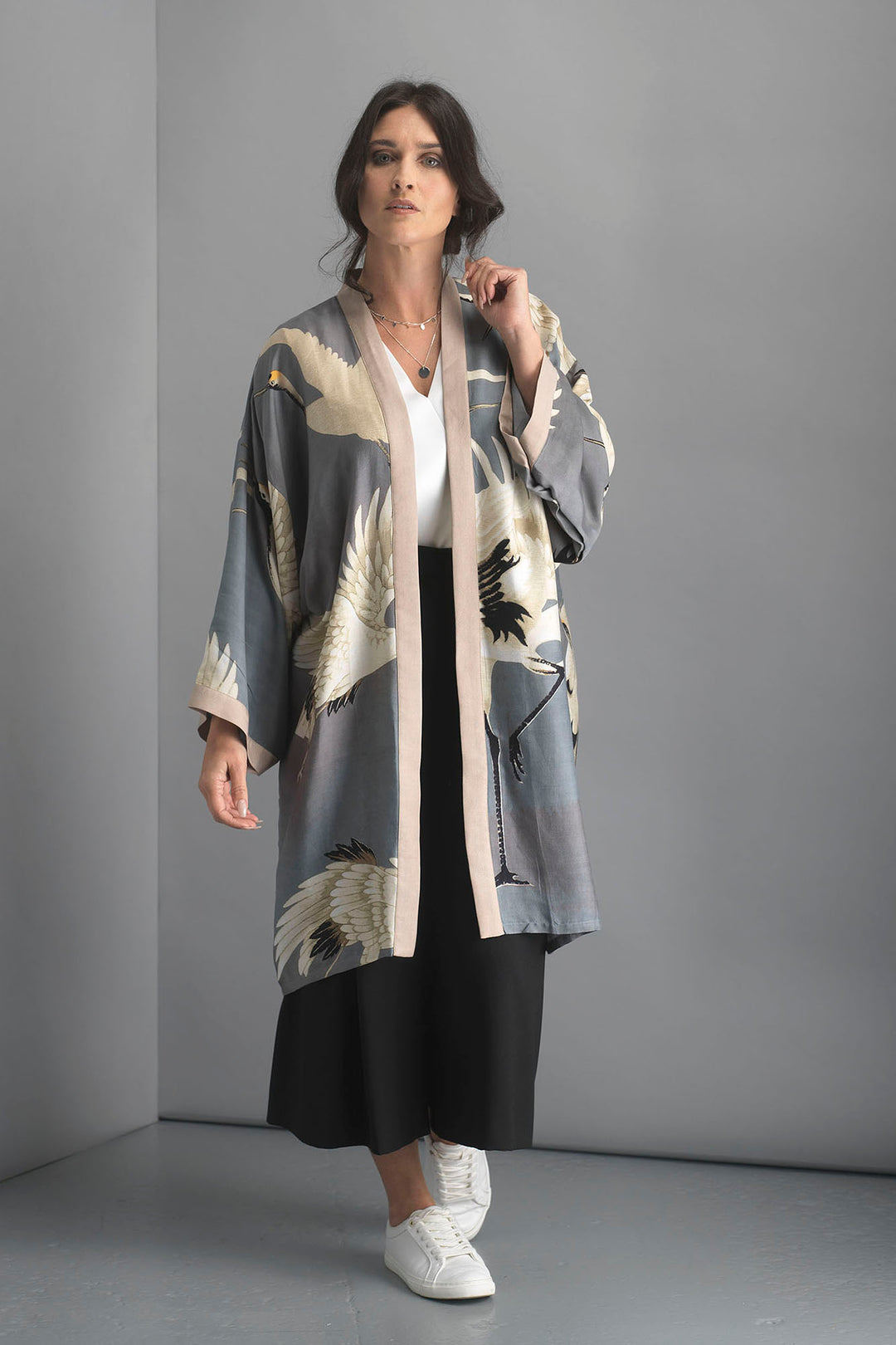 One Hundred Stars Stork Slate Grey Collar Kimono- This mid length kimono is made from our heavier grade fabric for excellent depth of colour and a more luxurious feel.