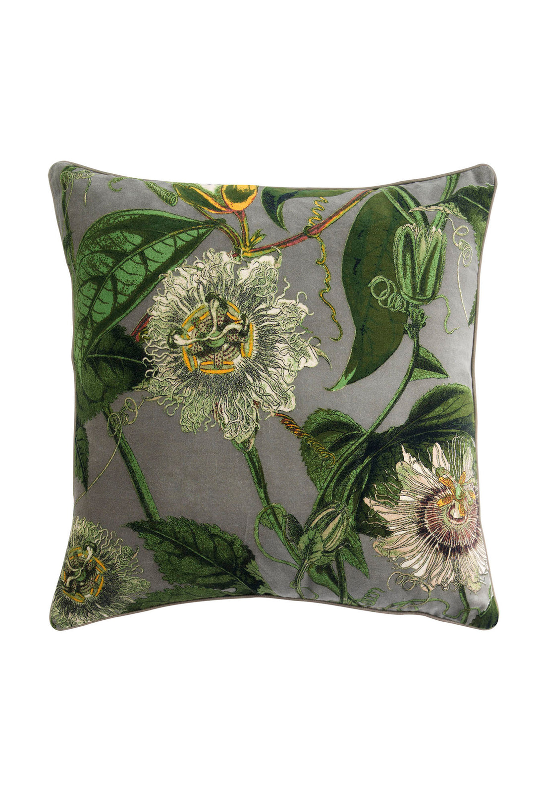 KEW Passion Flower Stone Velvet Square Cushion- These limited edition velvet cushions are 50 x 50cm and can purchased with or without an ethically sourced duck feather inner.