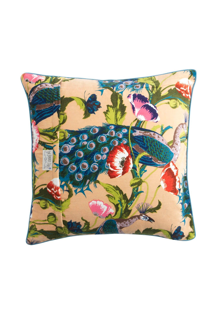 Peacock and Poppies Sand Velvet Cushion - One Hundred Stars