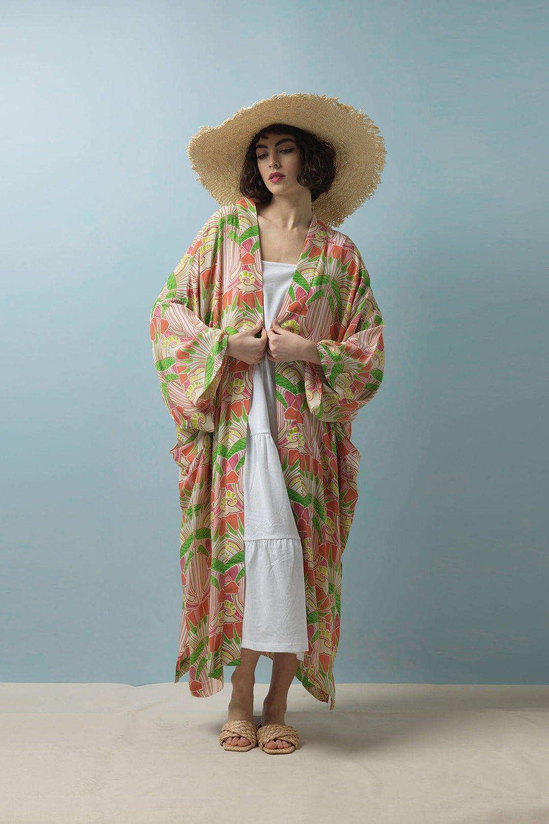 Deco Fans Pink Crepe Long Kimono - One Hundred Stars