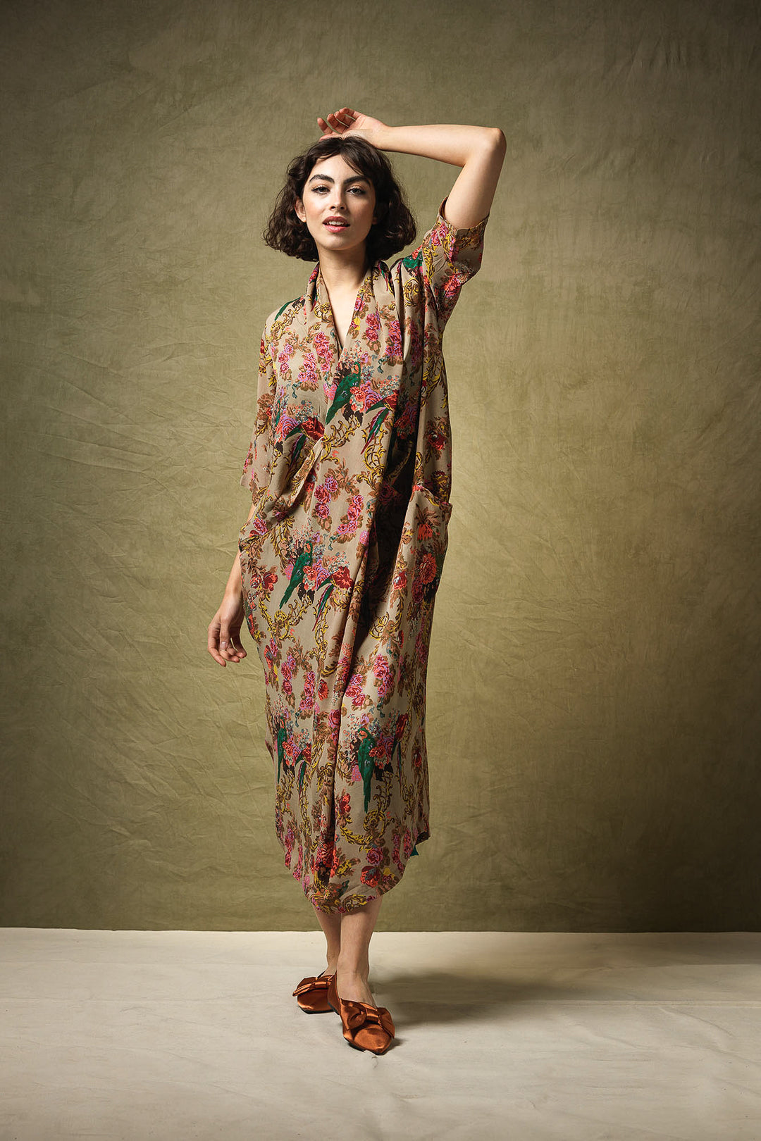 Soft, floral dress perfect for the summer, cross over front flowy and comfortable, beige background with pink flowers one hundred stars elegant   