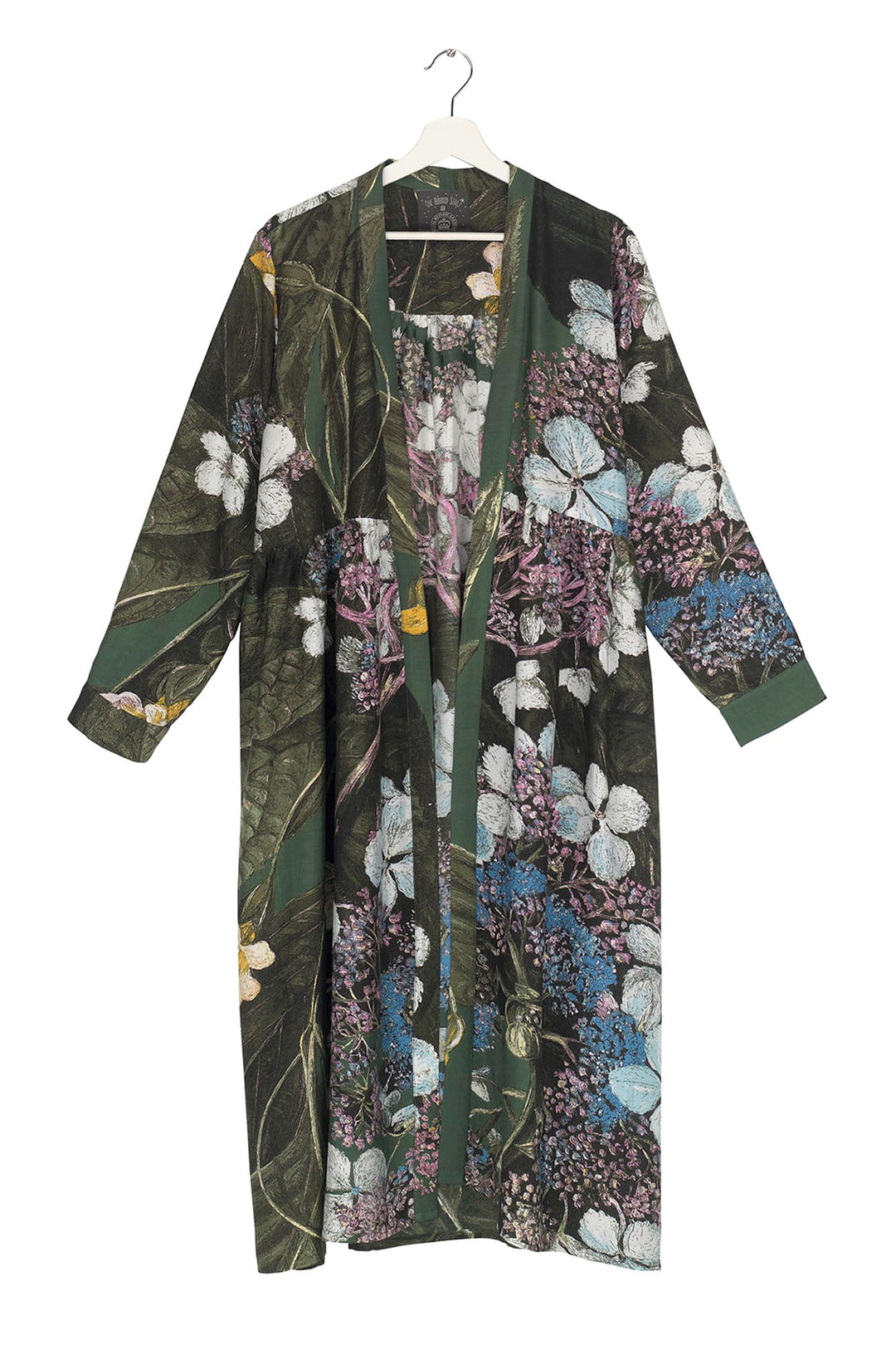 Marianne North Hydrangea Forest Duster Coat- This stunning shape is both stylish and versatile, whether you choose to wear our duster coat as a luxurious house coat, as part of a chic ensemble during the day or over a little black dress during the evening.