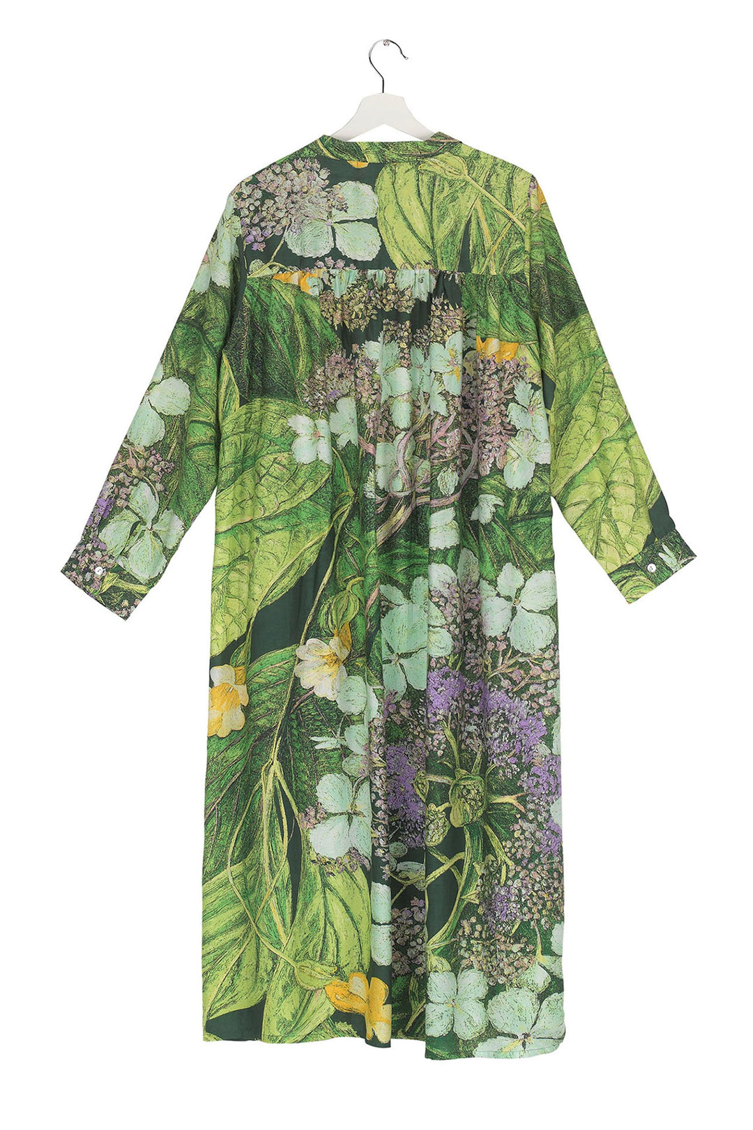 One Hundred Stars takes inspiration for the Marianne North Collection held at the Royal Botanic Gardens, Kew. Here is the Hydrangea hand screen printed duster coat