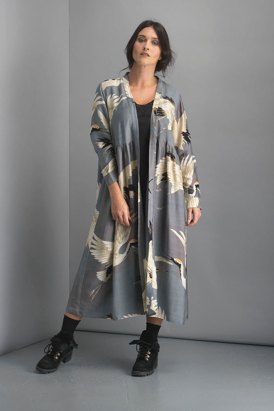 One Hundred Stars Stork Slate Grey Duster Coat- This stunning shape is both stylish and versatile, whether you choose to wear our duster coat as a luxurious house coat, as part of a chic ensemble during the day or over a little black dress during the evening.