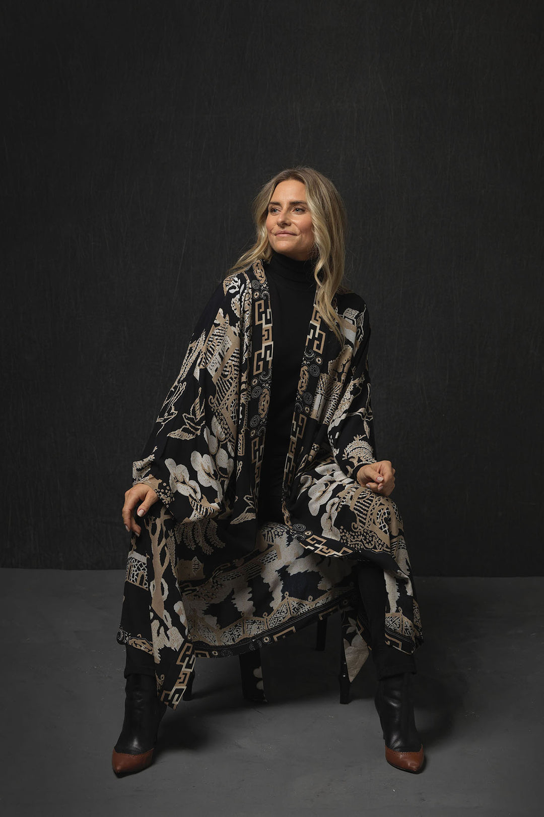 One Hundred Stars Giant Willow Black Crepe Long Kimono- This kimono can be worn two ways, when tied at the back it makes a chic open fronted jacket. Alternatively, it can be worn tied at the front as a closed jacket or dress and secured using the interior waist tie. 