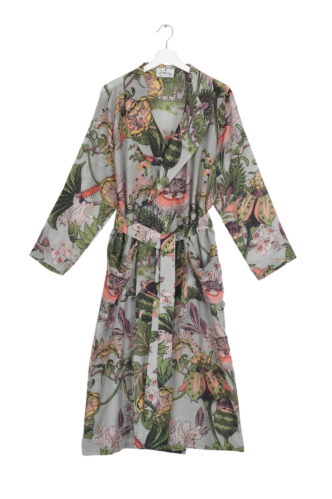 One Hundred Stars Eccentric Blooms Gown in Putty features prominent psychedelic florals and oversized seedpods making delicate use of neon greens and fluoro pinks teamed with a rich putty background