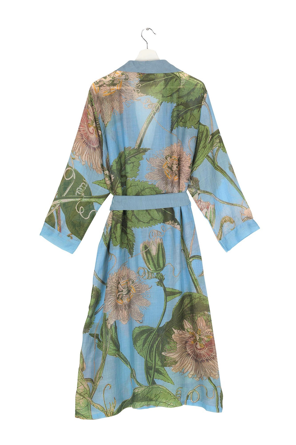 Passion Flower or 'Passiflora' print dressing gown / robe in sky blue as part of the The One Hundred Stars collaboration with KEW Royal Botanic Gardens. 
