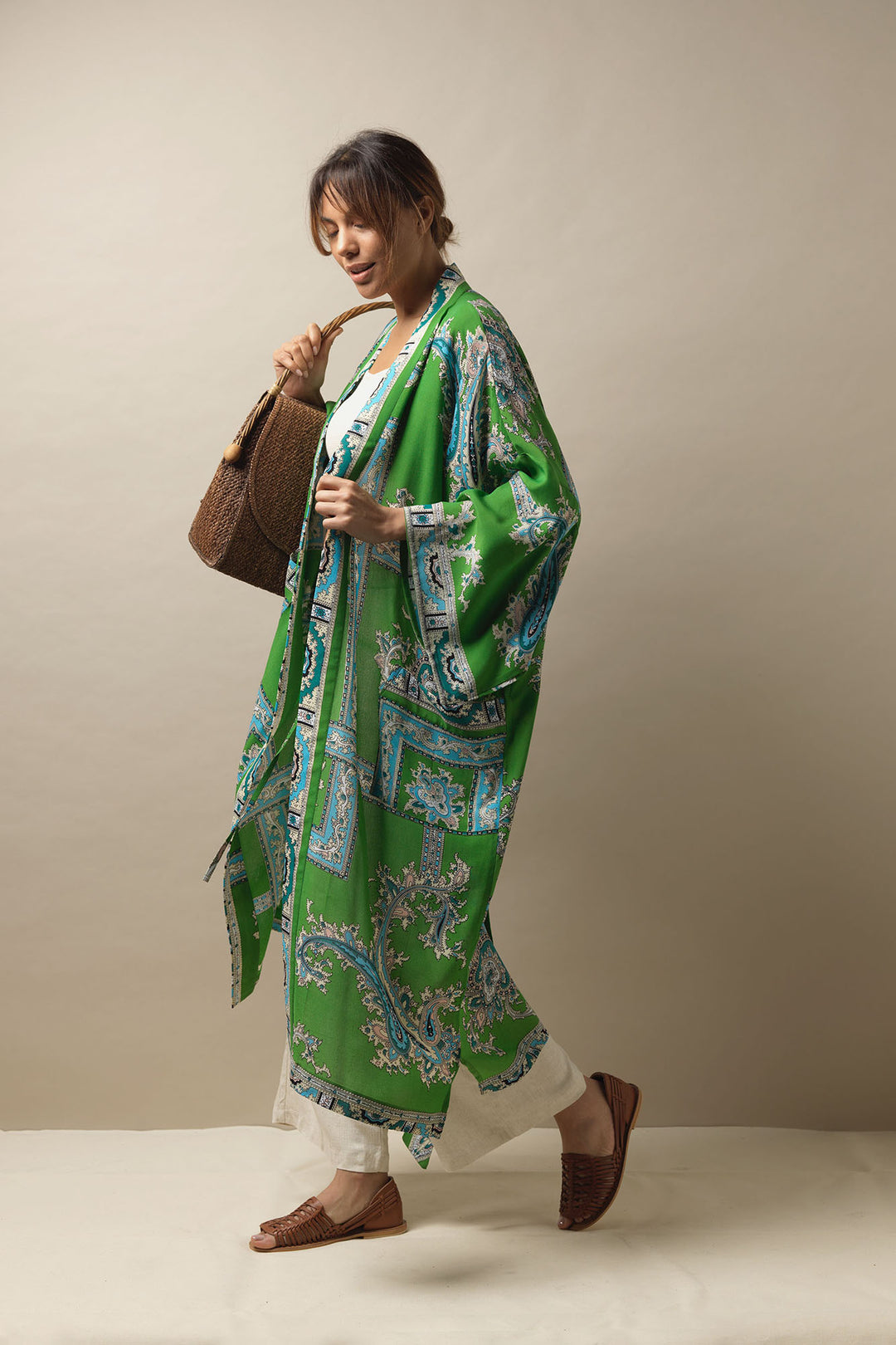 Handkerchief Green Crepe Long Kimono