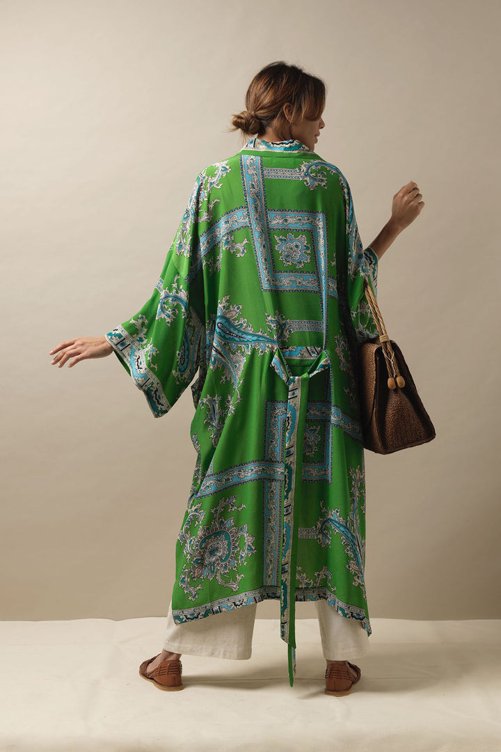 Handkerchief Green Crepe Long Kimono