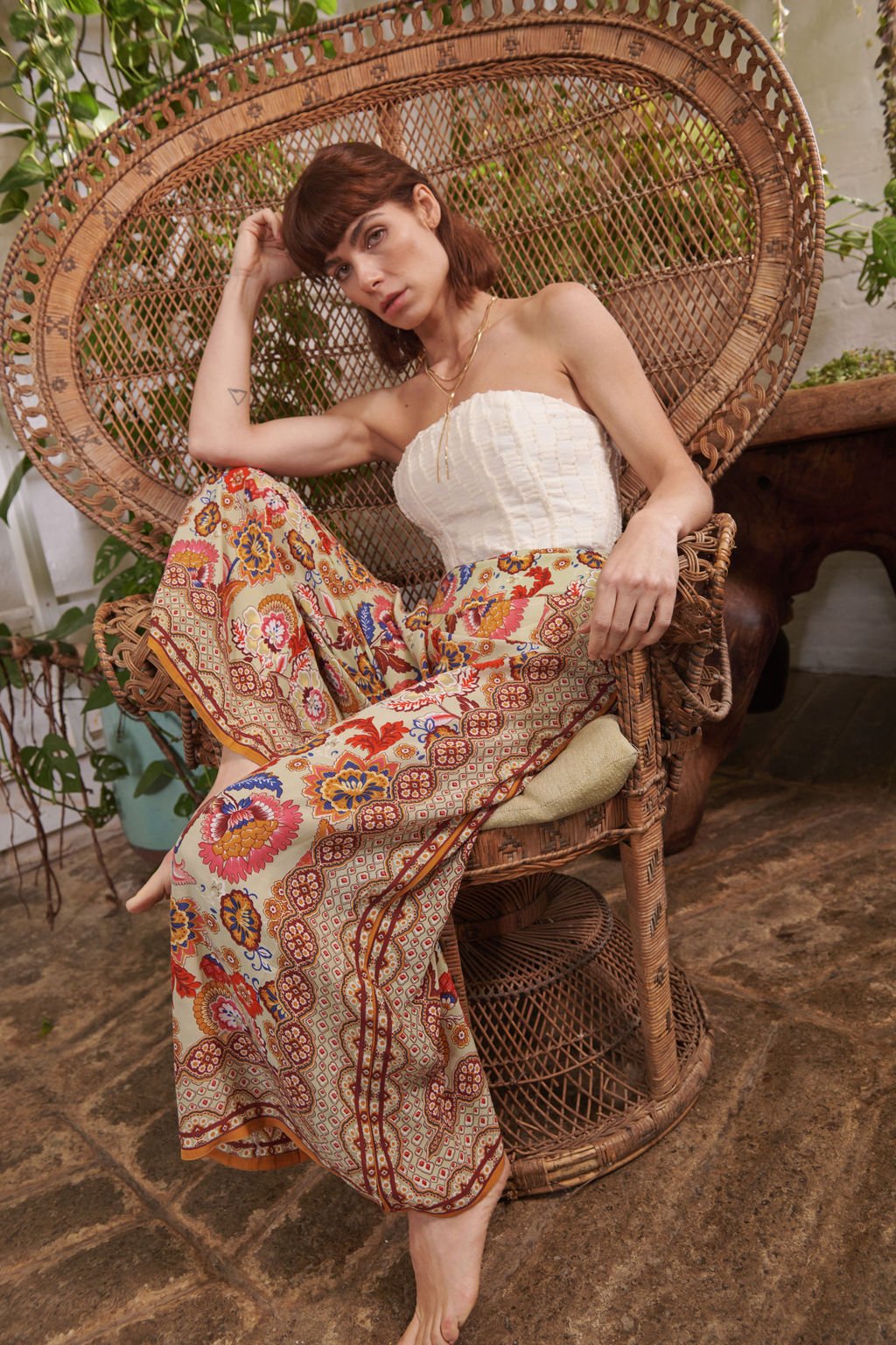 Indian Flower Taupe Crepe Palazzo Pants - One Hundred Stars