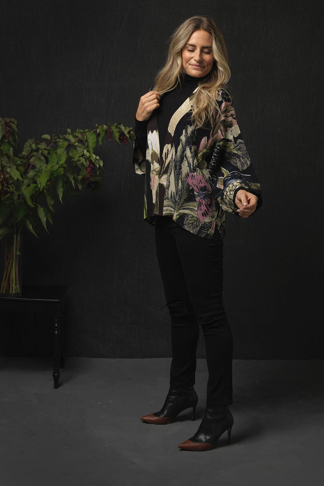Iris Black Crepe Kimono- Our bestselling kimono jackets have loose ¾ length sleeves, an open front and a lightly embroidered lapel. Pair with a matching camisole and your favourite jeans in summer or layer over a polo neck during the cooler months.