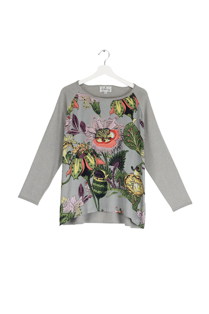 One Hundred Stars Eccentric Blooms Cotton Jumper in Putty features prominent psychedelic florals and oversized seedpods making delicate use of neon greens and fluoro pinks teamed with a rich putty background.