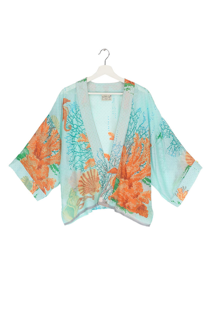 One Hundred Stars Coral Blue Kimono- Our bestselling kimono jackets have loose ¾ length sleeves, an open front and a lightly embroidered lapel. Pair with a matching camisole and your favourite jeans in summer or layer over a polo neck during the cooler months.