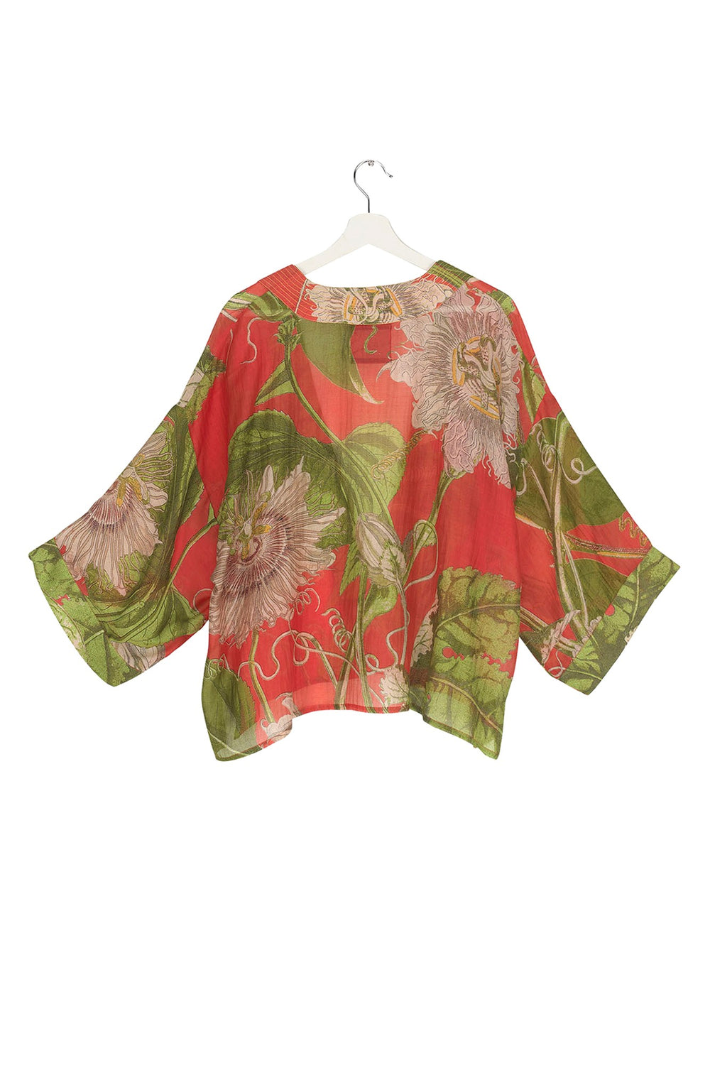 Passion Flower or 'Passiflora' mini kimono jacket in scarlet red by One Hundred Stars in Collaboration with Kew, Royal Botanic Gardens. 