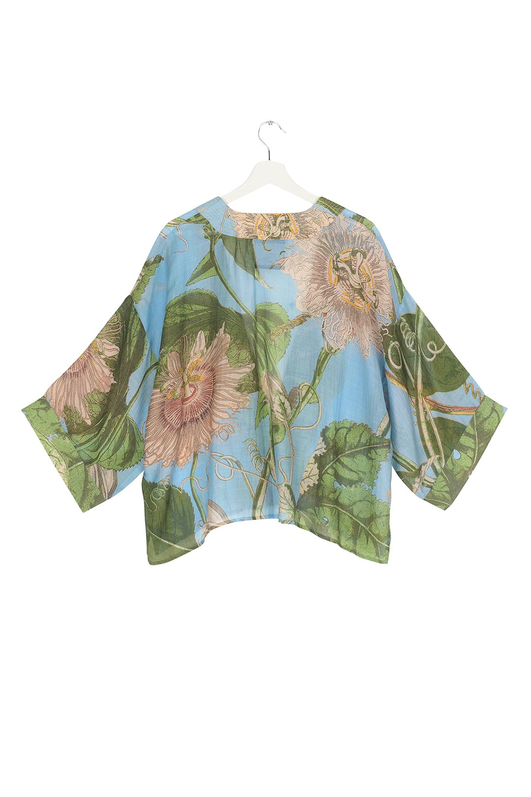 Passion Flower or 'Passiflora' mini kimono jacket sky blue by One Hundred Stars in Collaboration with Kew, Royal Botanic Gardens. 