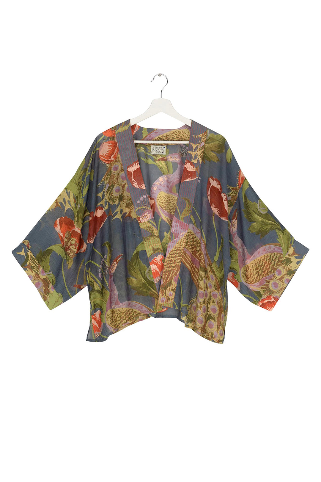 One Hundred Stars Peacock and Poppies Grey Kimono- Our bestselling kimono jackets have loose ¾ length sleeves, an open front and a lightly embroidered lapel. Pair with a matching camisole and your favourite jeans in summer or layer over a polo neck during the cooler months.