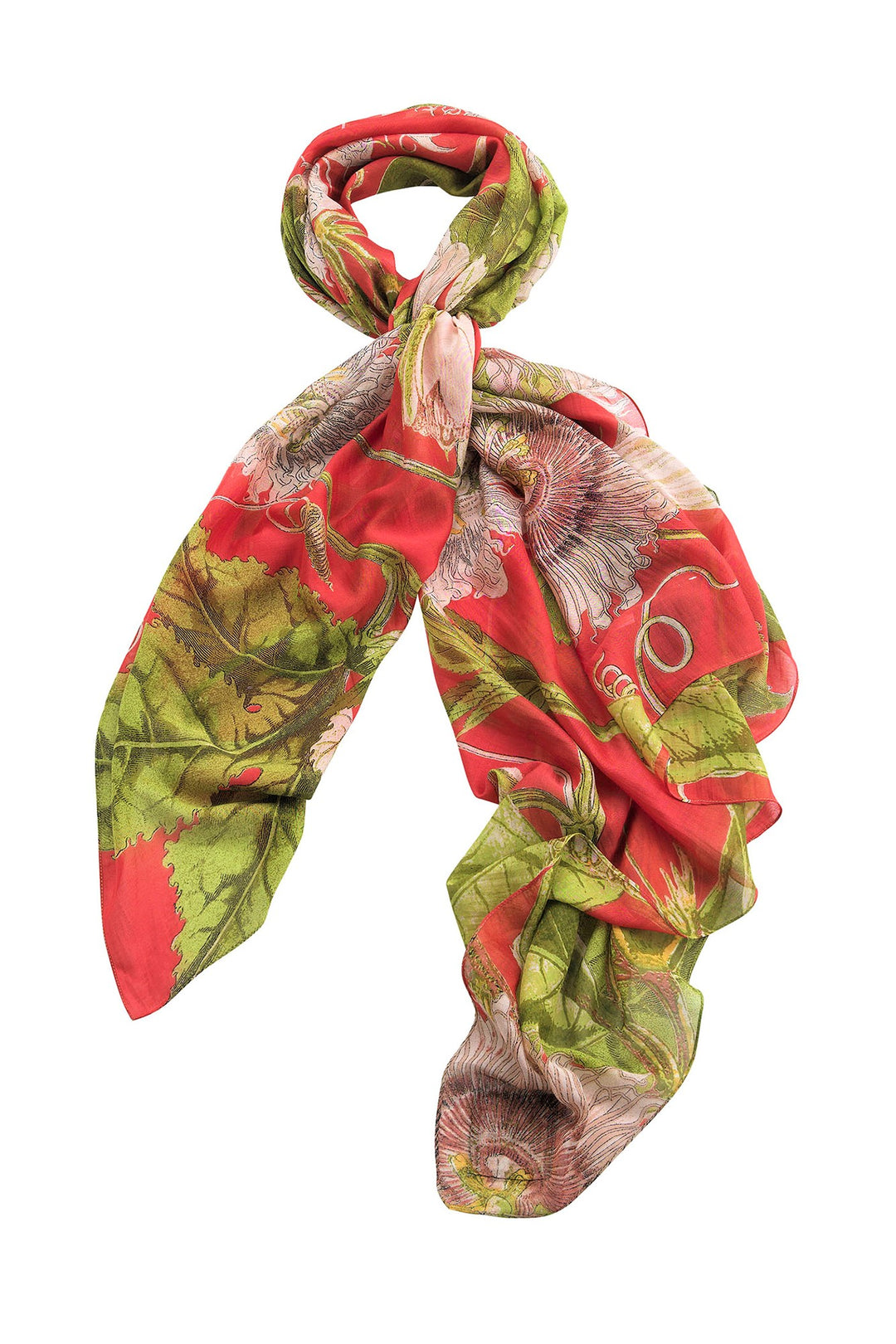KEW Passion Flower Scarlet Red Scarf- Our scarves are a full 100cm x 200cm making them perfect for layering in the winter months or worn as a delicate cover up during the summer seasons. 