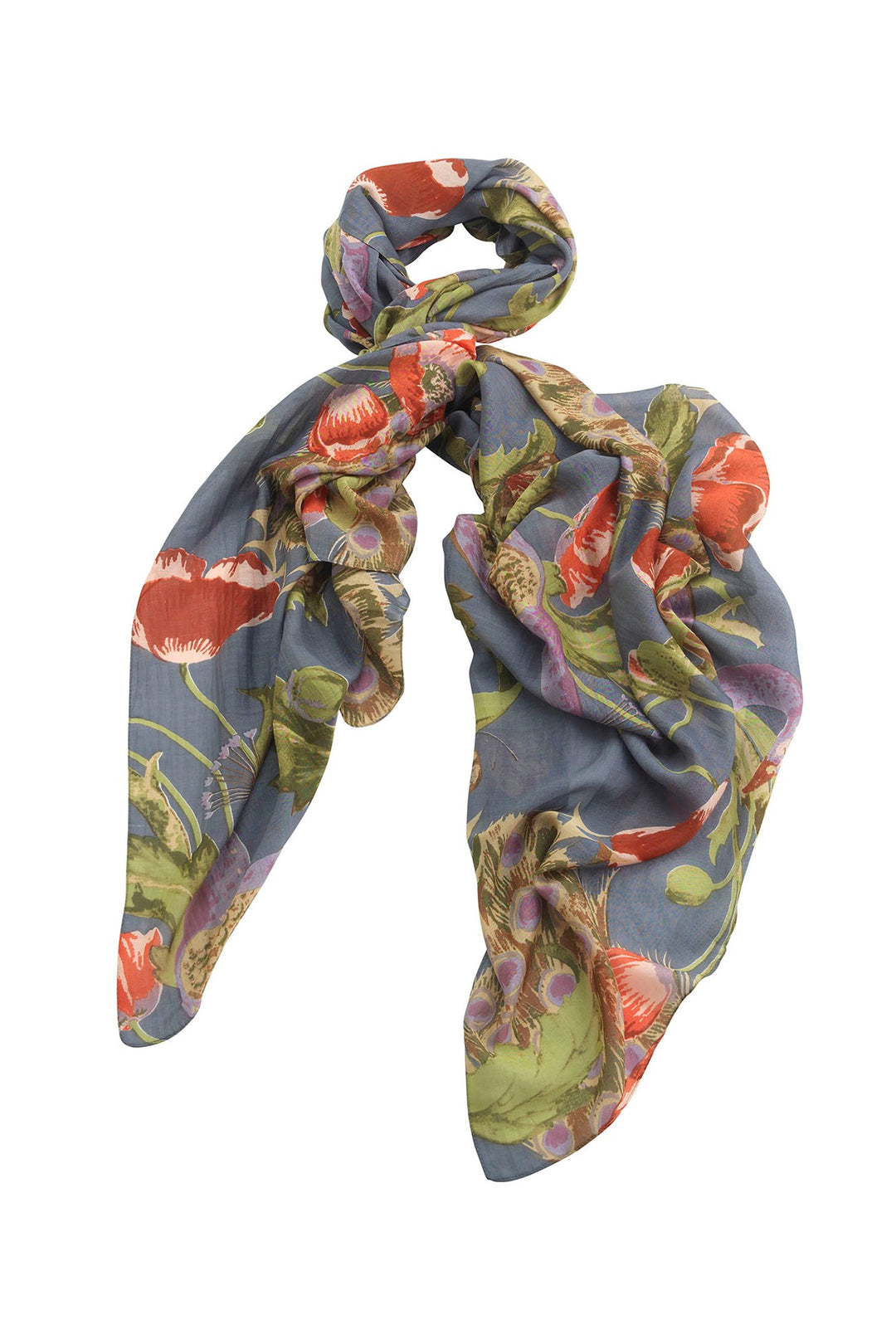 One Hundred Stars Peacock and Poppies Grey Scarf- Our scarves are a full 100cm x 200cm making them perfect for layering in the winter months or worn as a delicate cover up during the summer seasons. 