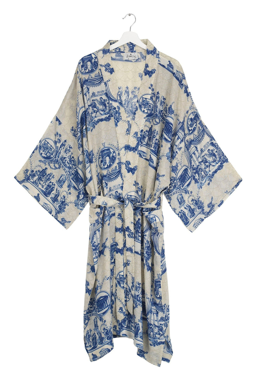 Ancient Columns Blue Crepe Long Kimono - One Hundred Stars