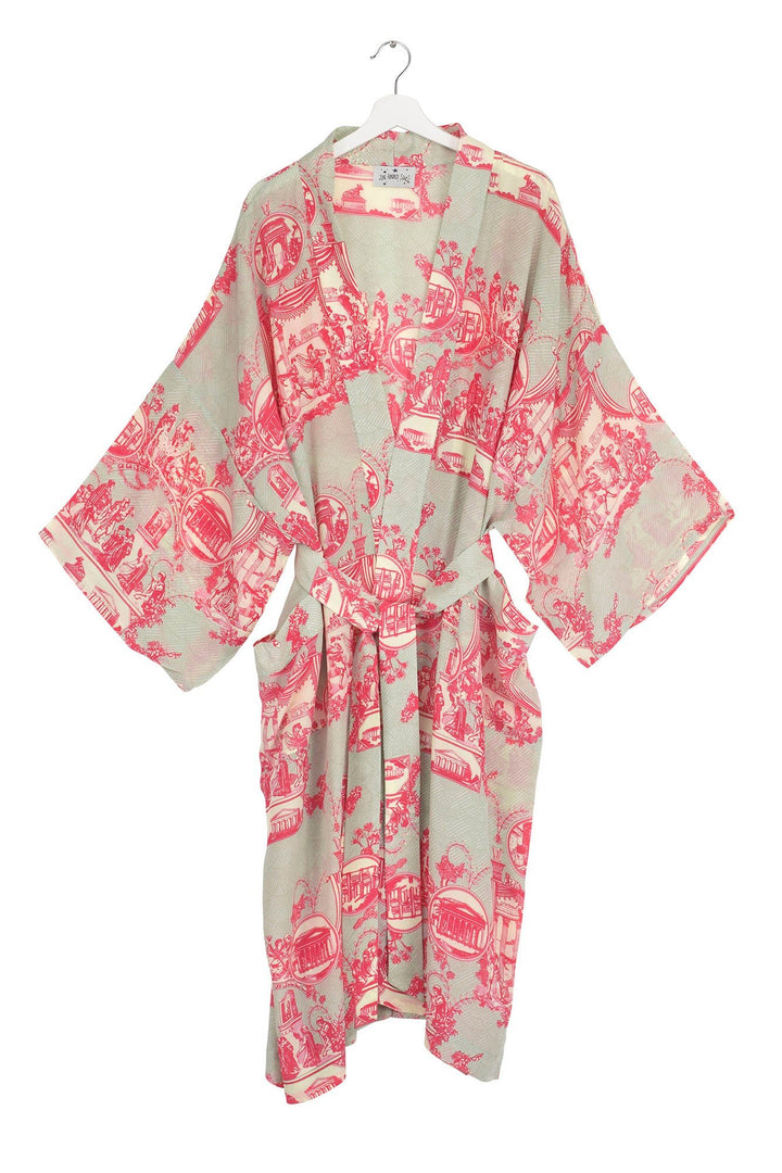 Ancient Columns Pink Crepe Long Kimono - One Hundred Stars