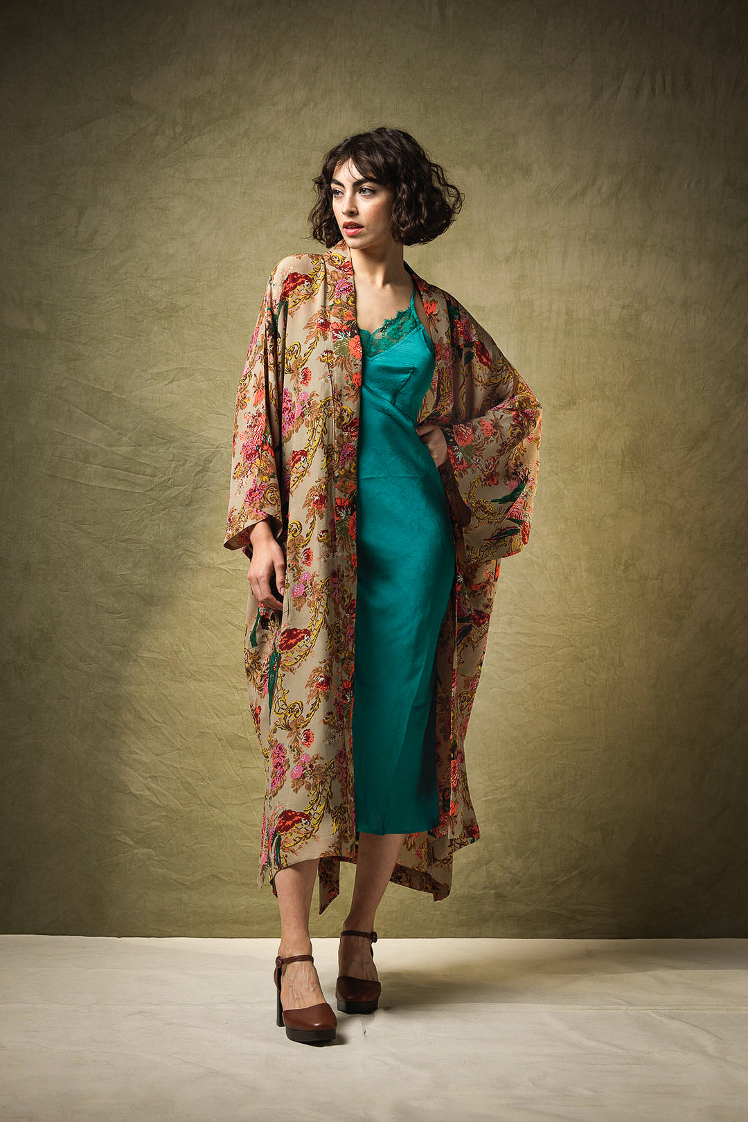 beautiful flowy beige long kimono with floral print , summery ,  gift for her ethical one hundred stars comfy soft 