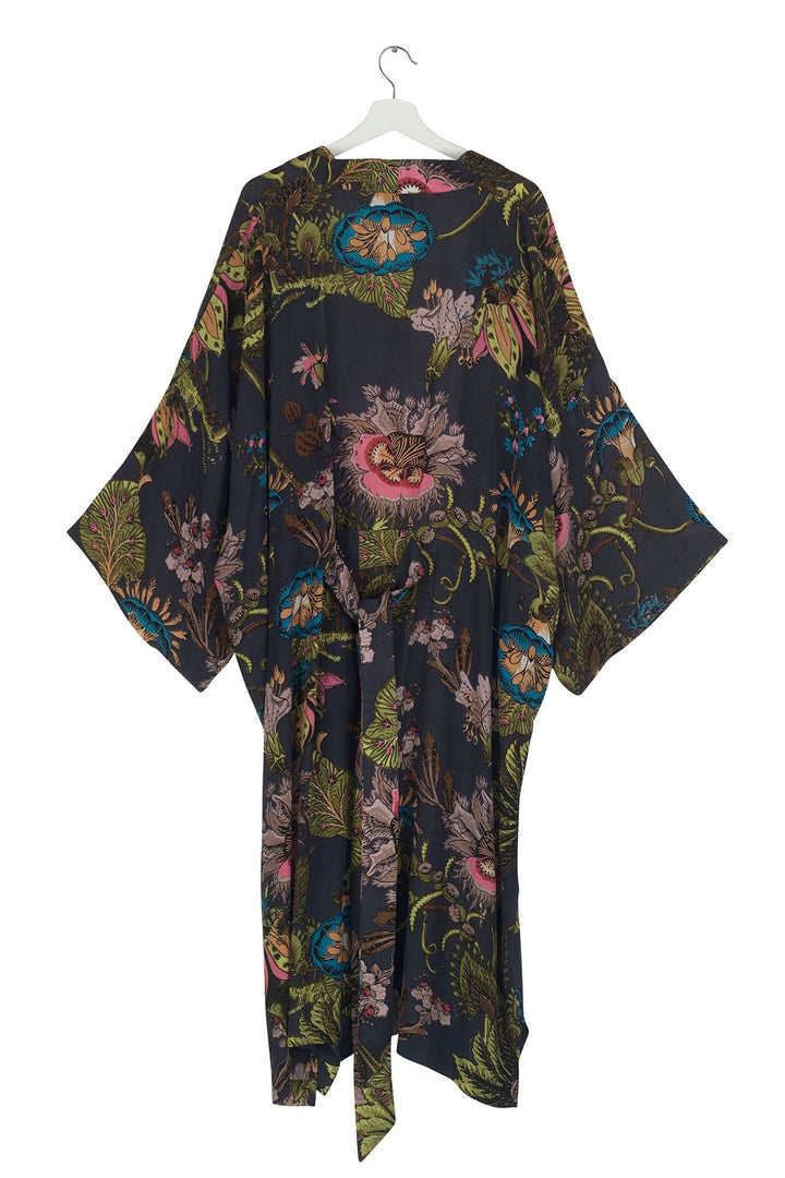 Eccentric Blooms Charcoal Crepe Long Kimono - One Hundred Stars