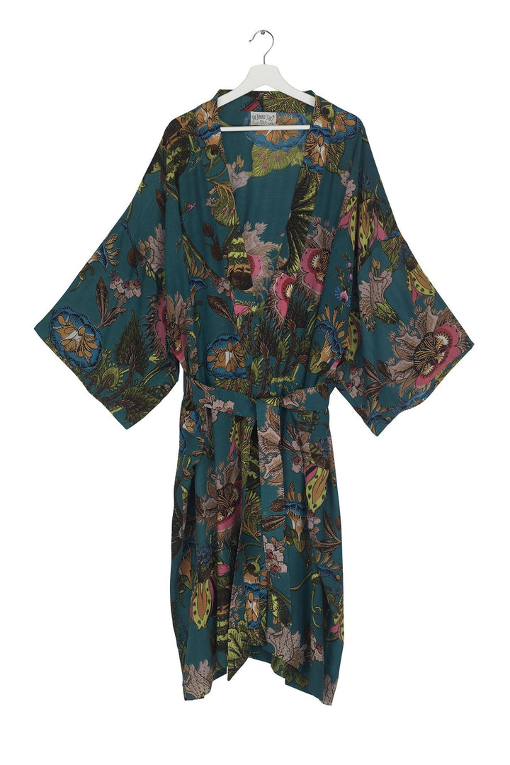 Eccentric Blooms Teal Crepe Long Kimono - One Hundred Stars