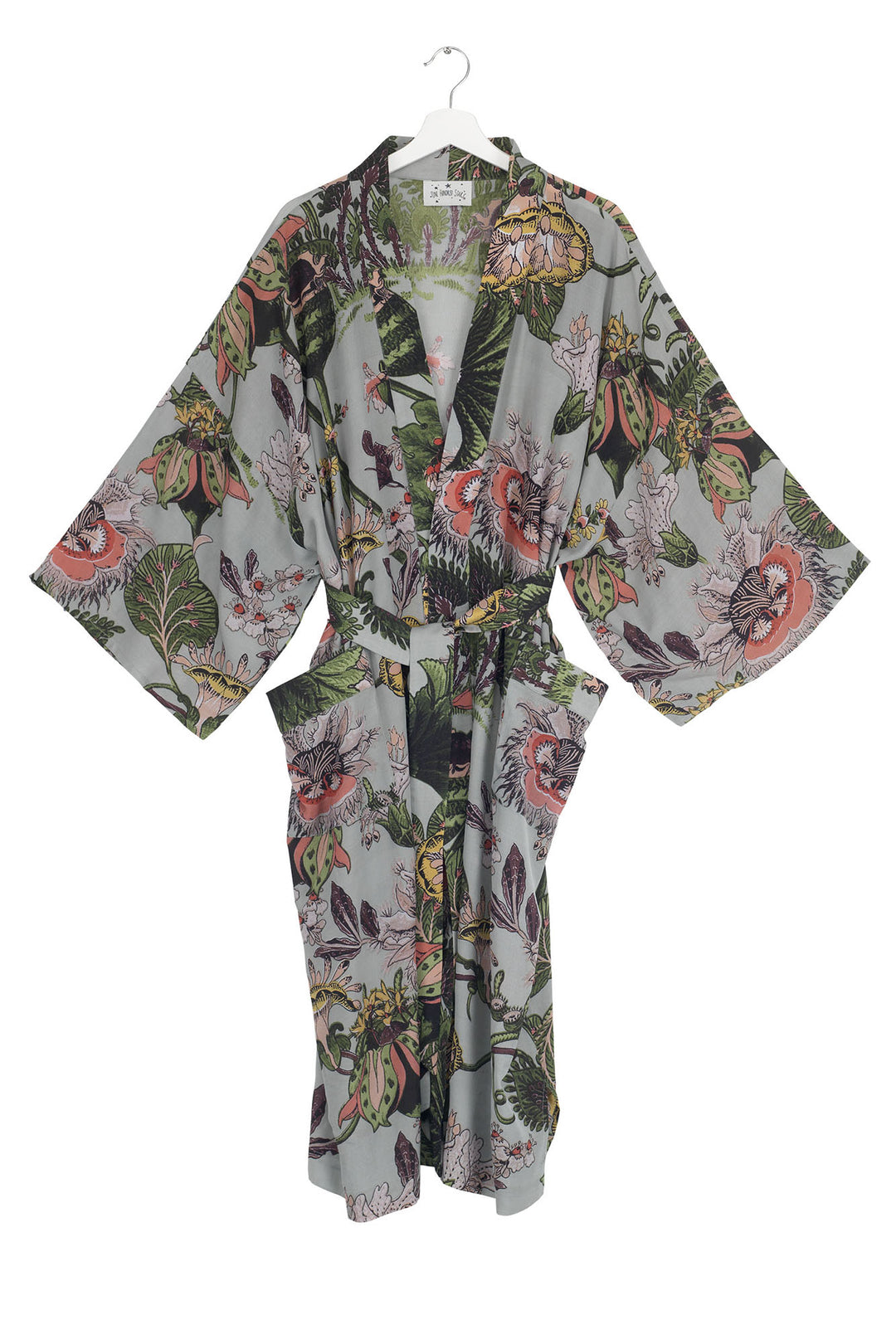 One Hundred Stars Eccentric Blooms long kimono in Putty features prominent psychedelic florals and oversized seedpods making delicate use of neon greens and fluoro pinks teamed with a rich putty background.